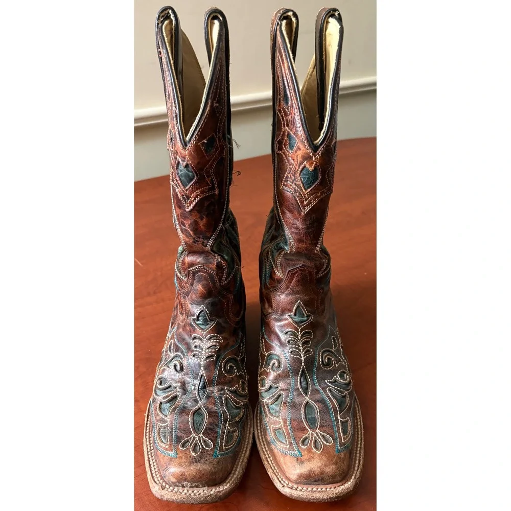 Corral Vintage Brown Teal Embroidered Leather Cowboy Boots Square Toe 6.5M 97303